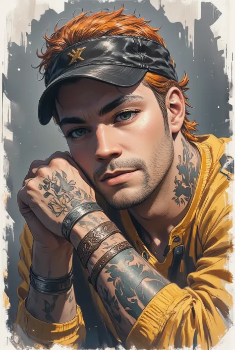 (hyperrealistic | pop digital artwork), a striking and meticulously detailed portrait of a young man, combining the raw textures of (charcoal and unrefined graphite) with the vibrancy of (digital art). The subject has (stingy orange hair) peeking out from ...