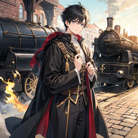  male student,  black hair, Short Hair,  Wizard, middle ages, In front of the station, Steam locomotive, congestion, Robe