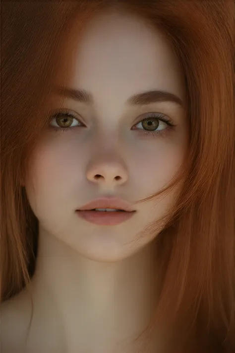 A young woman with messy mid-length red hair, brown eyes, very pale complexion 