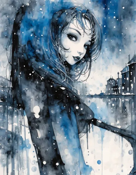 sexy girl, very long blue hair, very tight black dress, small breasts, pronounced nipples, winter jacket, stockings, smiles, snowy city landscape at night, stars, moon, black and white sketch style, watercolor, art inspired by Bill Sienkiewicz and Dave McK...