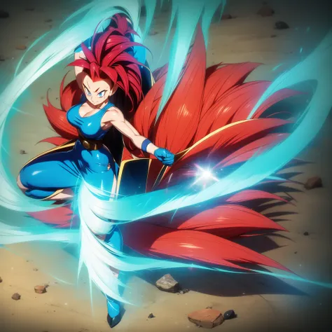 dbsuper style, 1
Girl, captain mizuki, green aura, super saiyans aura, belt, pointed ears, elf ears, Red colored hair, huge hair, bruise, bruise on face, clenched hands, frown, gloves, blue eyes, grey gloves, evil grin, medium breasts, Aura around her, sol...