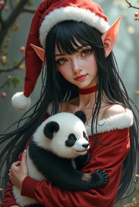  Black-haired woman, elf ears, oval face, brown eyes , holding a panda , Elf hat in the color yellow 