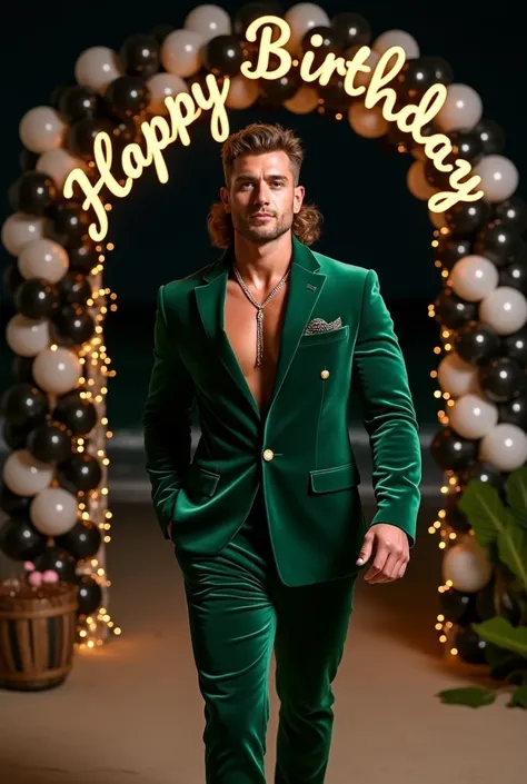  Creates an image of a muscular tall Italian man ,  short curly mullet hair brushed backwards ,  wears a green velvet suit jacket with four gold buttons,  and a loose velvet suit pants ,  with a mini gold chain hanging on the pants , wearing elegant black ...