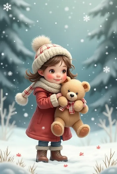  and her teddy bear in the snow at Christmas 