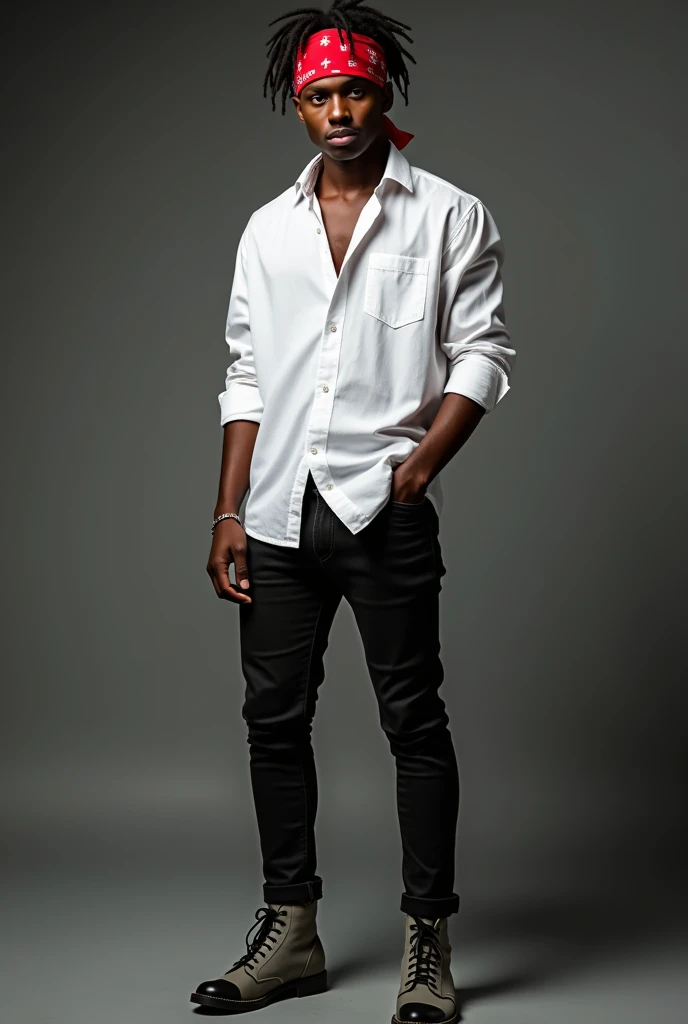 A dark skin young man, wearing a red bandana,white shirt ,black tight jeans,and grey ankle boots with black at the pointy end