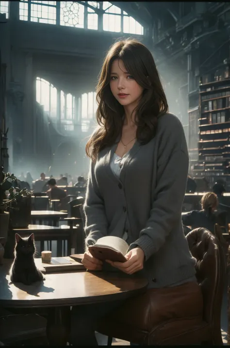 masterpiece, best quality, (dark photo:1.3), photorealistic, 1girl, stunning innocent symmetry face, a shirt and cardigan, emotional, Long Hair, Sweet, Pretty, Idol, Sitting on a bright afternoon library chair, a drink cup, papers on the table, a laptop on...