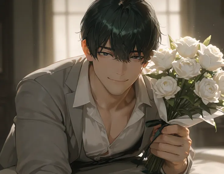 masterpiece, best quality, 1boy, blurry background, soft lighting, solo, lips, perfect hands, male focus, detailed dark green feline eyes on board, giving bouquet of peonies to viewer, looking at viewer, detailed dark black hair, korean idol hair on backgr...