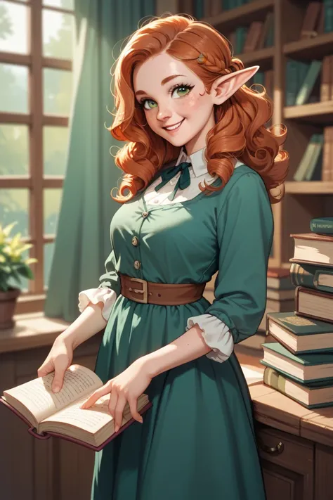 Cute freckled elf .  With long ears in a green dress and a book. she is a redhead , very curly.  Part of the hair is collected back . Standing smiling in the woods . 