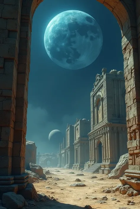 Imagine Japanese ruins ,  ancient stone buildings with tall towers,  ancient Indian monuments, stone portal , Big blue moon, dark place, desert place, apocalyptic, Scary place, macabre atmosphere, .