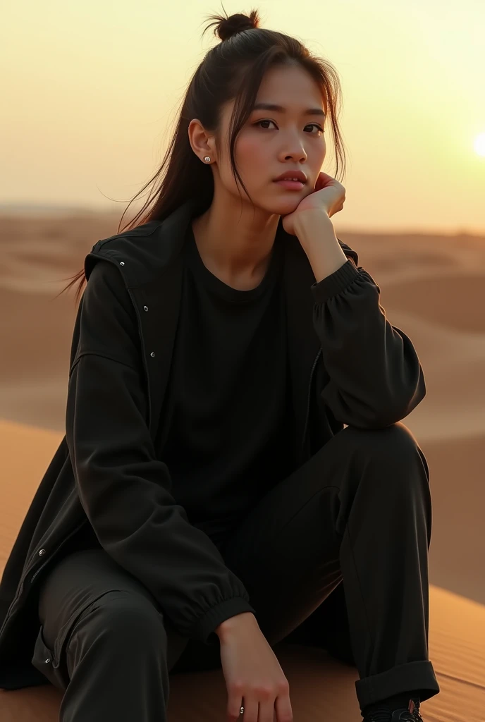 realistic, cinematic, Close-up, a beautiful Indonesian woman is sitting with her head down in the desert at dusk. She was wearing a black t-shirt and jacket, black cargo pants and sports shoes. She had long black hair that was tied up.