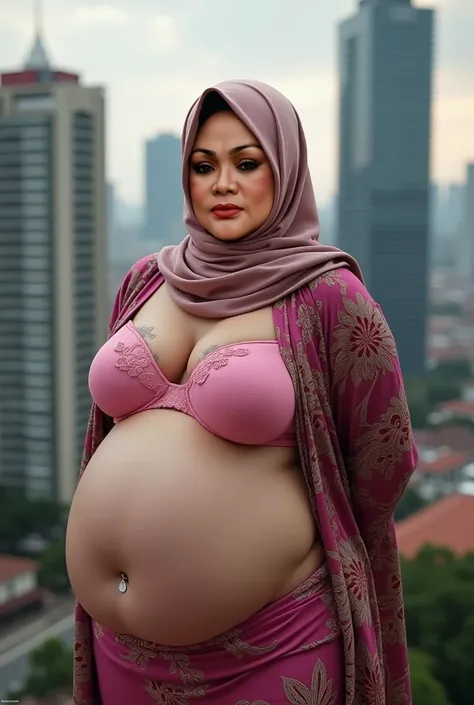 HIJAB, INDONESIAN PLUMP, BEER BELLY,  Huge heavy saggy breasts, (wearing pink bra),  (((HIJAB INDO))), Background tinggi dikota langit kuala lumpur, ((describe the lips correctly)) facing front, ((look at someone with contempt)), Fancy makeup, from the che...