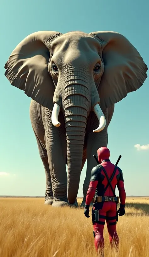 A cinematic scene set in a wide-open field under the bright midday sun, where Deadpool stands face-to-face with a massive elephant. Deadpool, clad in his iconic red-and-black suit, stands casually with his katanas crossed behind his back, his posture playf...