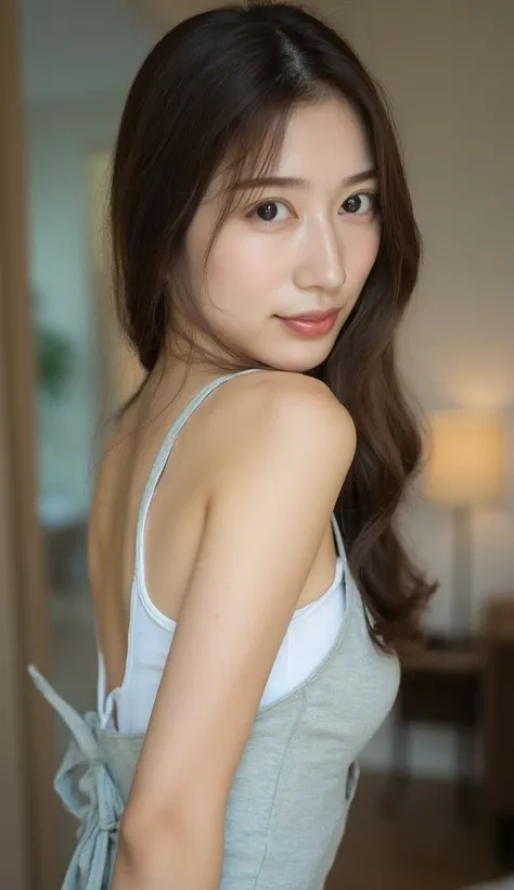 Instagram style, a young  Sexy and cute slender Asian woman with medium-length hair, wearing a light gray sleeveless dress over a white inner top, soft makeup, gentle smile, provocative pose, casual and modern setting. Viewed from behind,she is looking bac...