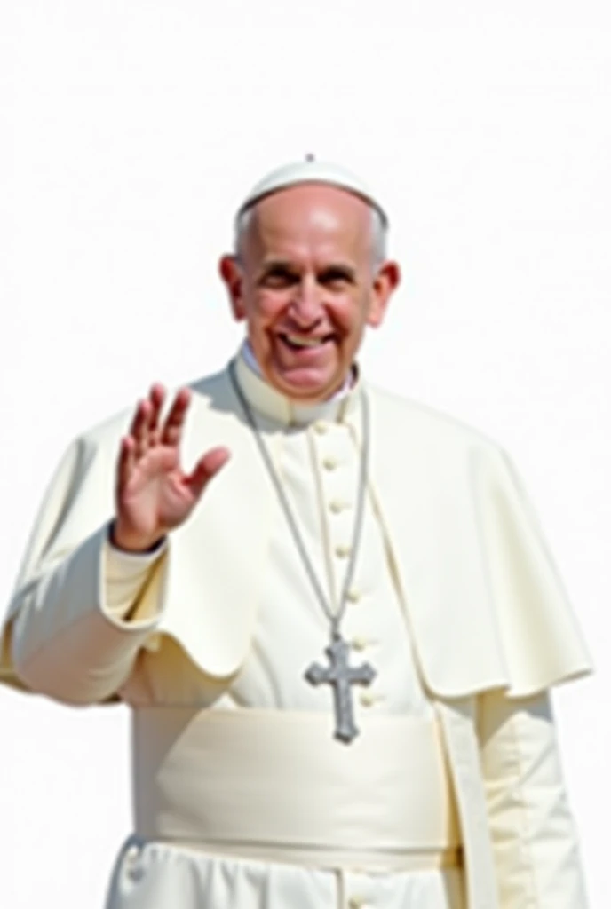 The image is a portrait of Pope Francis, the former president of the United States. He is standing in front of a white background and is waving to the crowd with his right hand. He has a big smile on his face and is wearing a white cassock and a silver cro...