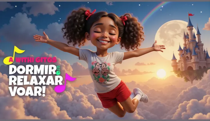 Style: Inspired by Disney-Pixar style films, characters and promotional paintings. Characteristics of the girl: An girl, light-skinned, mixed race, daughter of a black father and white mother, curly hair, almost afro tied in two ponytails with red ribbons....