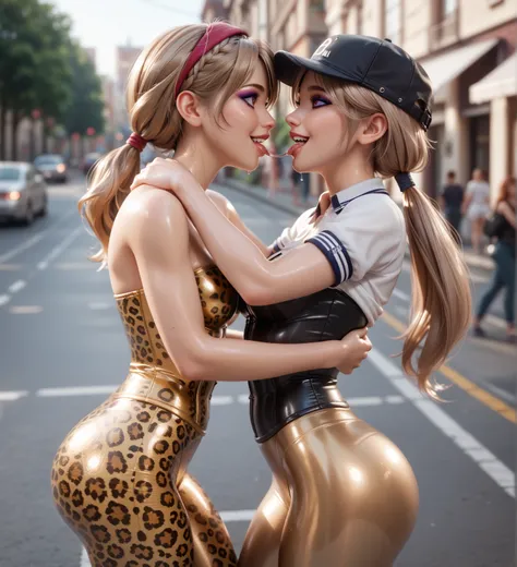 2 girls and 2 young girls in extremely tight shiny golden latex tracksuit jogging on the street, light brown hair ,  low ponytail , Lens reflection,  reflecting light ,  high resolution,  masterpiece, smile, leggings, Leopard print, corset,  very strong sh...