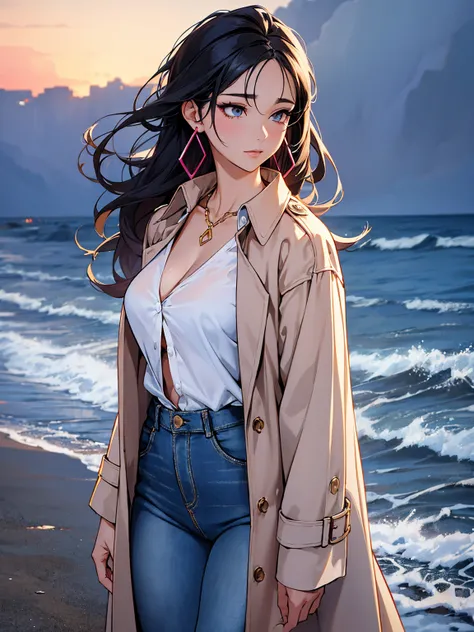 ((masterpiece)), (best quality), (hyper-detailed). spectacular anime style. A very beautiful woman walks along a beach in winter. It is a very cold night and she is wearing custom jeans, a button down shirt with a triangle neckline and a long trench coat. ...