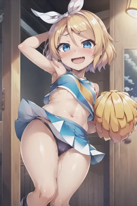 ((( highest image quality taken by Ki))), (( top quality )), (( very detailed)), (( high definition )), ((8k)), (( Anatomically Correct )),  one very cute woman, (Young face), (Kagamine Rin),  vocaloid, (Petite), ( is short), ( short), ( short hair), Blond...