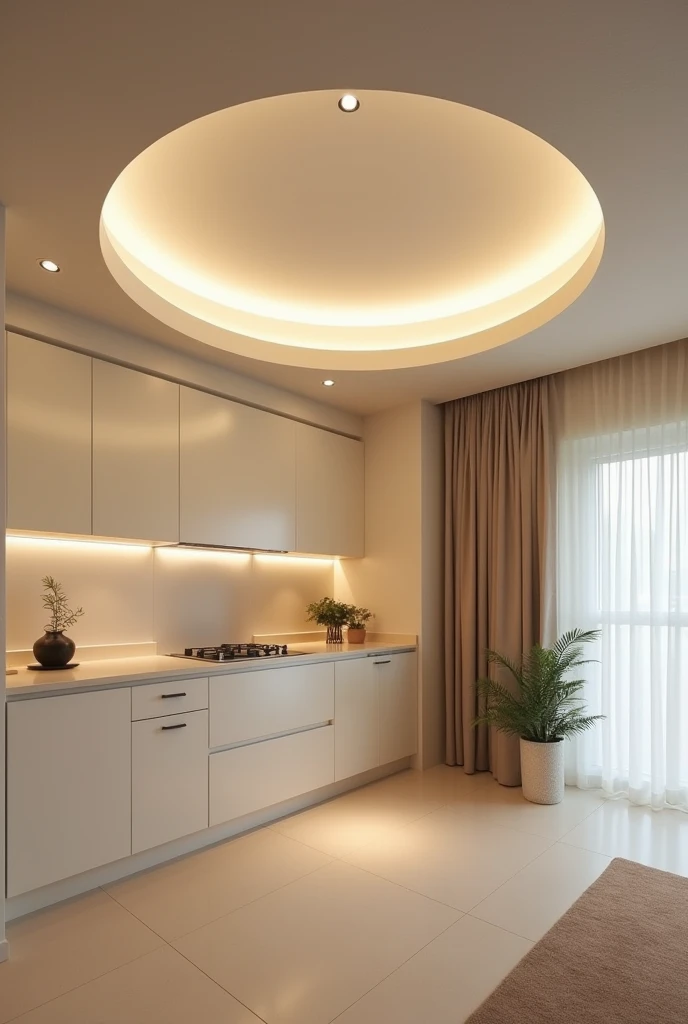 Kitchen with ceiling designed with drywall and indirect light. Simple with circular shapes 