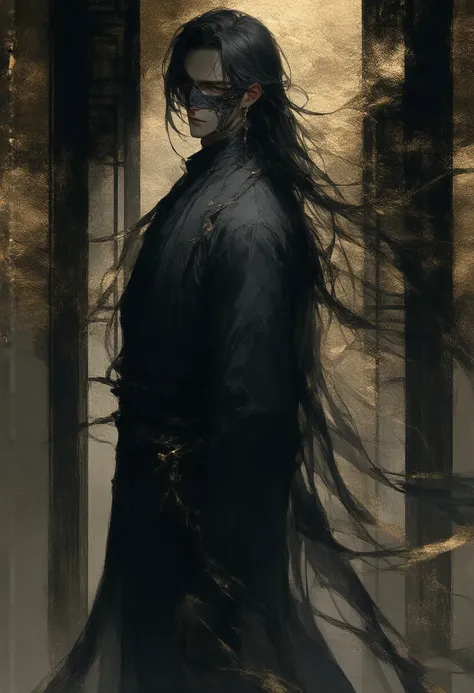 A cinematic poster-style webtoon of a tall and slander japanese man in an elegant indoor setting. his face is partially concealed by a delicate lace mask, revealing only expressive eyes and a strong jawline. Long, glossy black hair flows down his back, and...