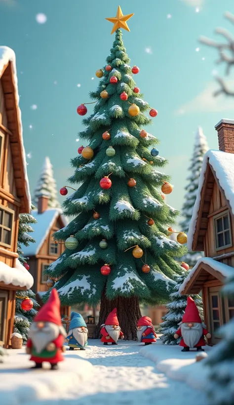  Winter fairy tale village of gnomes, fairy tale houses,  in the center is a fluffy Christmas tree , gnomes decorate a Christmas tree , 3D 4K