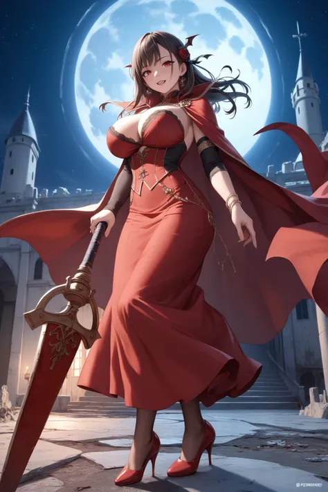 ((((masterpiece)))), ((((Best Quality)))), (anime coloring) ,4k,8k,High resolution,dark,night,Abandoned castle,whole body,fine grain,Detailed face,vampire,red,Red Cape,Red dress,Red long skirt,Curvy,action、so beautiful、Beautiful Skin、Beautiful and detailed...