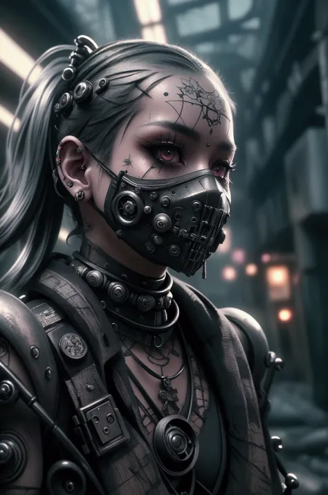 a sexy crouching girl in a neo-gothic, punk style, with black and white hair, intricate detailed lower face mask, in a futuristic post-apocalyptic scene, (best quality,4k,8k,highres,masterpiece:1.2),ultra-detailed,(realistic,photorealistic,photo-realistic:...