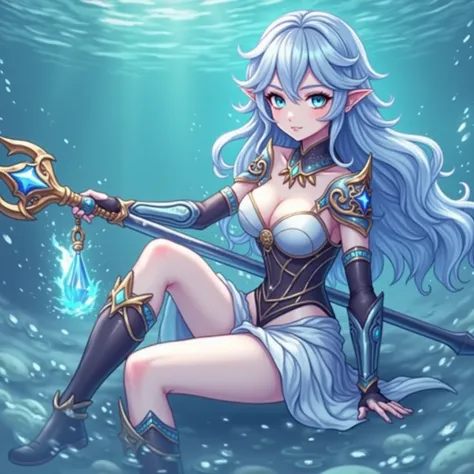  She is a mystical Aqua-type warrior and attribute Dark ,  radiating magical power and supernatural grace .  His face is youthful but marked by an intense look ,  with bright deep blue eyes that look like contain the infinity of the ocean .  His skin is pa...