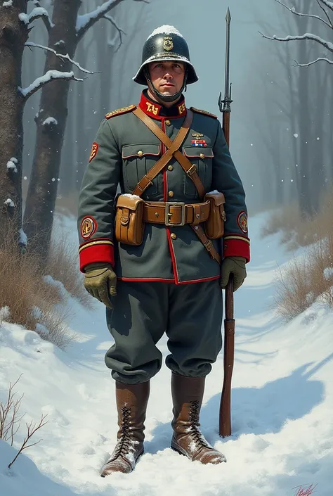  Create a hyperrealistic airbrush oil paint-style illustration of a German soldier from the First World War Global, portant luniforme traditionnel avec un casque à pointe,  a gray tunic with red borders and gold buttons .  The soldier must be equipped with...