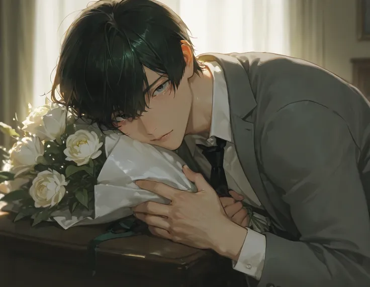 masterpiece, best quality, 1boy, blurry background, soft lighting, solo, lips, perfect hands, male focus, detailed dark green feline eyes on board, sharp face features, holding large bouquet of peonies to viewer, looking at viewer, detailed fully black hai...