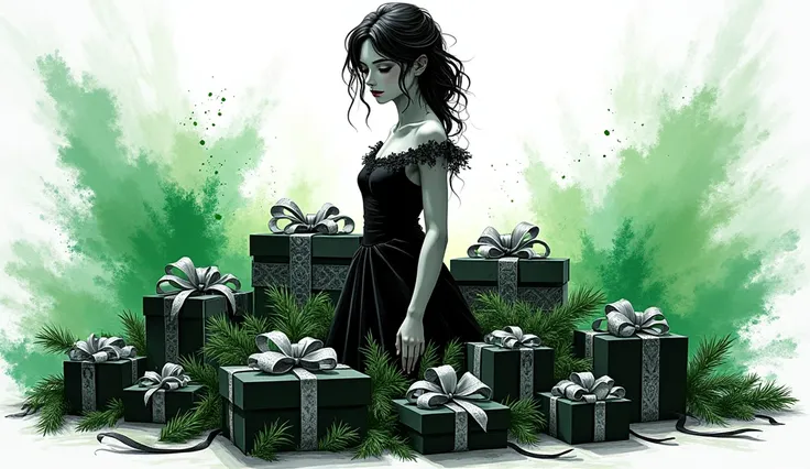 christmas, woman, gifts, black and white and green ink paint, splash art, desktop wallpapper