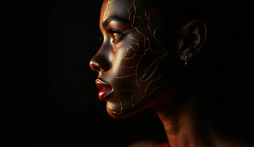 delicate female face in profile, mulatto skin with deep cracks all over the face with intricate details in gold and ultra realistic, well defined and cared for eyebrows, eyes with perfect iris and eye background made of fire, red lipstick, surreal, well de...