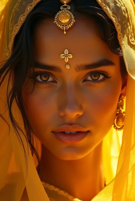  Golden beauty with BROWN eyes ,  techno style shamanism ,  highly detailed ,  multiple filter effect ,  Indian tradition ,  master of solarization ,  intense emotional atmosphere,  BEAUTIFUL WOMAN — AR 2 :3, detail, HD PHOTOGRAPHY 