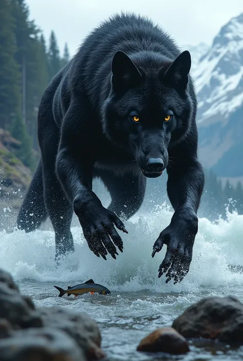 A dire black wolf hunting fish 