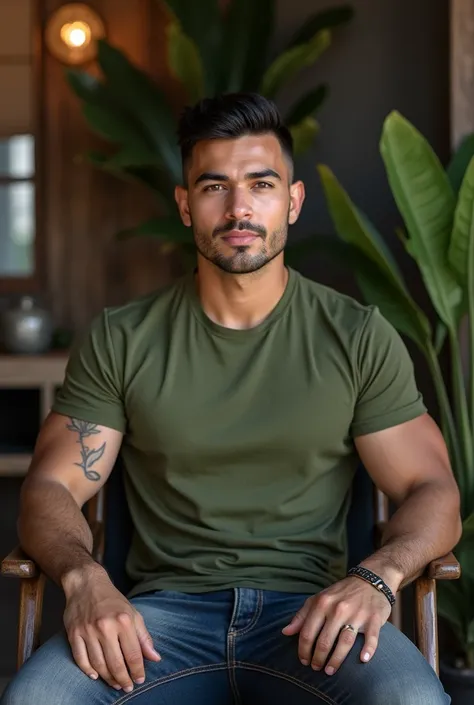 Create a 28 year old boy, latino, short haircut, athletic shape, sigma with 8k resolution who has a youthful-looking, sitting in his rustic and modern setup, wearing a moss green t-shirt, black and white color combination