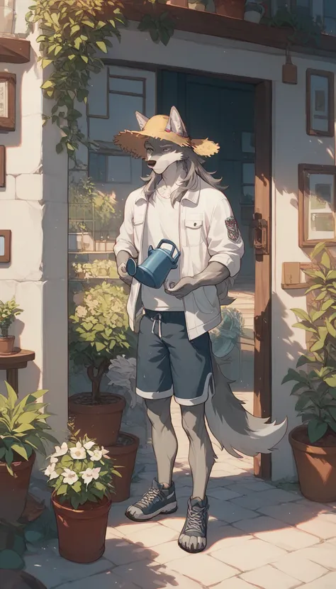 Grey wolf, white chin, medium size, closed mouth, long hair, loose shorts, buttonless short sleeved jacket, yard, straw hat, hand-held watering can, potted plant, optimized details, full body