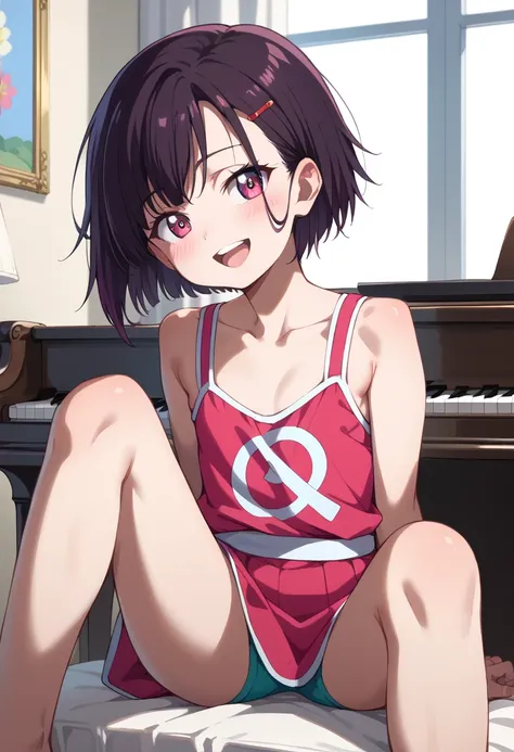 (( top quality )), ((masterpiece)), (be familiar with),  perfect face, indoor, bedroom,  is watching viewers,
One woman, Mikazuki Kan,
 open mouth,  ecstatic expression beside the piano, blush, smile,
 small ,  flat chested, Young girl, Lori,  kids,  girl,...