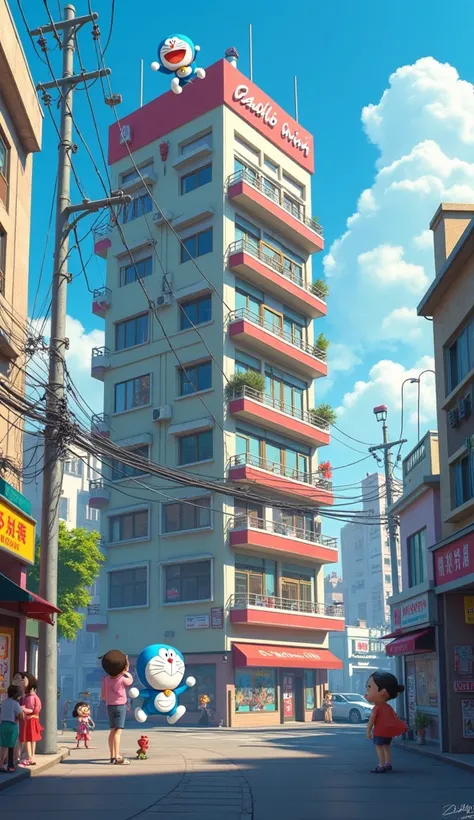 What might have happened to the building if Doraemon wasn’t there? 3D cartoon. disney pixar style
