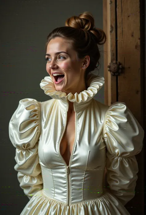 (realistic photograph close up sideways historical cheerful) (a big bust slender waist beautiful sexy looking smiling surprised bride having an orgasm with (messy hair bun)), (she is wearing (an exaggerated elaborate shiny high neck dress with (oversized p...