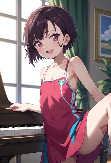 (( top quality )), ((masterpiece)), (be familiar with),  perfect face, indoor, bedroom,  is watching viewers,
One woman, Mikazuki Kan,
 open mouth,  ecstatic expression beside the piano, blush, smile,
 small ,  flat chested, Young girl, Lori,  kids,  girl,...