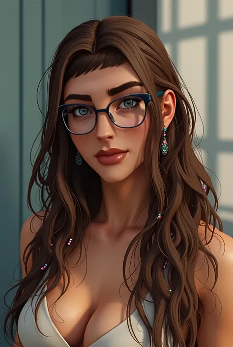 A 34 years old woman with long brown hair and blue eyes. She wear glasses. In her hair are beads  . Prompt: GTA V Character