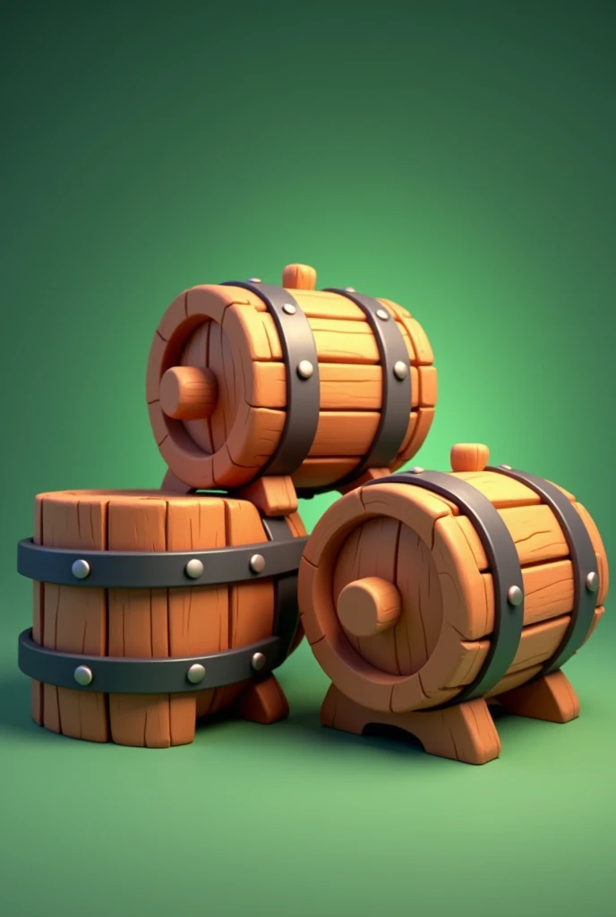 (3d Cartoon style:1.3) vibrant illustration of three wooden barrels from a pirate ship, showcasing detailed wood grain and metal bands, arranged in a playful composition, against a solid green background, with dramatic lighting highlighting their textures,...