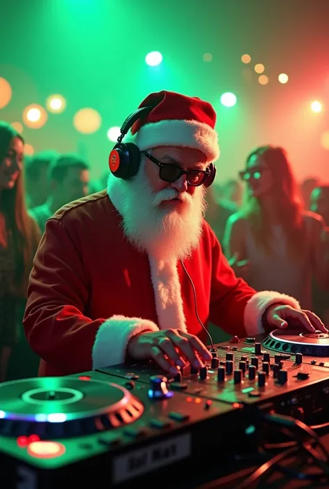 "A vibrant and festive image of a Santa Claus acting as a DJ at a party.  He is in front of a DJ table equipped with a playing discs ,  bright buttons and colored LED lights . Santa Claus wears large headphones.  He wears his traditional red costume with m...