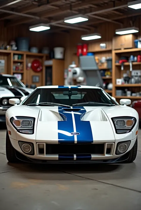 A garage that has a 2005 white Ford GT with blue stripes and a 1969 silver mustang with black stripes.