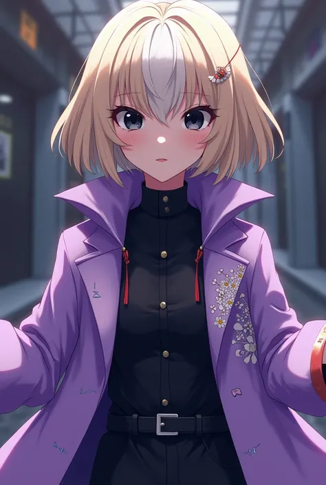 One of the blonde hair the skin color brunette and white cropped and a lilac anime coat with black eyes