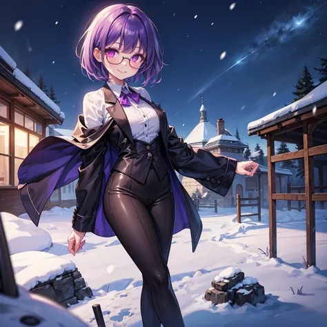  top quality ,   detailed description  ,   BREAK E621 Illustration 、 Eye Shadow  ,Adult single woman、Glowing purple eyes , Bobs wavy short hair、 purple hair、 smiles、 wears glasses、 wearing a suit、 snow background