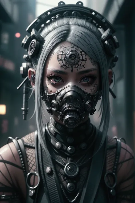 a sexy crouching girl in a neo-gothic, punk style, with black and white hair, intricate detailed lower face mask, in a futuristic post-apocalyptic scene, (best quality,4k,8k,highres,masterpiece:1.2),ultra-detailed,(realistic,photorealistic,photo-realistic:...