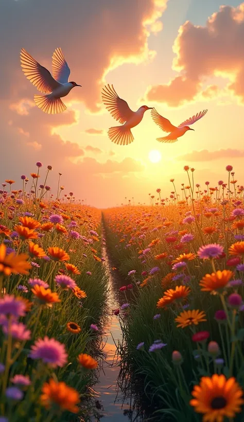 A flower field with birds flying in formation in the sky at sunset. realistic