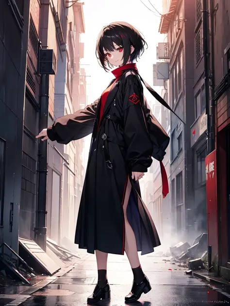 masterpiece, highest quality, highest quality, (no text), Beautiful and aesthetic:1.2),no text,anime、break,anime、break、 one woman、dark haired woman short hair　 Slit Eyes Boyish 　adult　 beautiful eyes　Red and Black　red eyes, cool smile　 skirt　　 Black Coat　F...