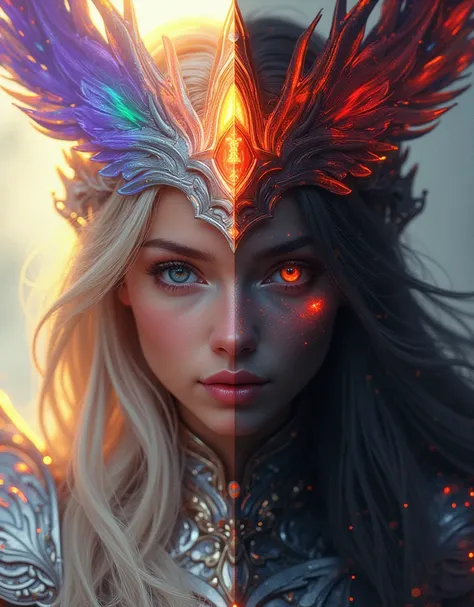 A striking, hand-drawn 2D facial portrait of a Valkyrie, with one half of her form radiant and vividly colored, while the other half is dark and hellish. The luminous side features glowing feathers in vibrant shades of purple, orange, and green, radiating ...